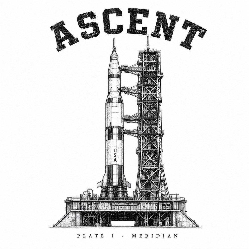 Technical drawing of a launch vehicle beside its service tower, umbilical arms attached