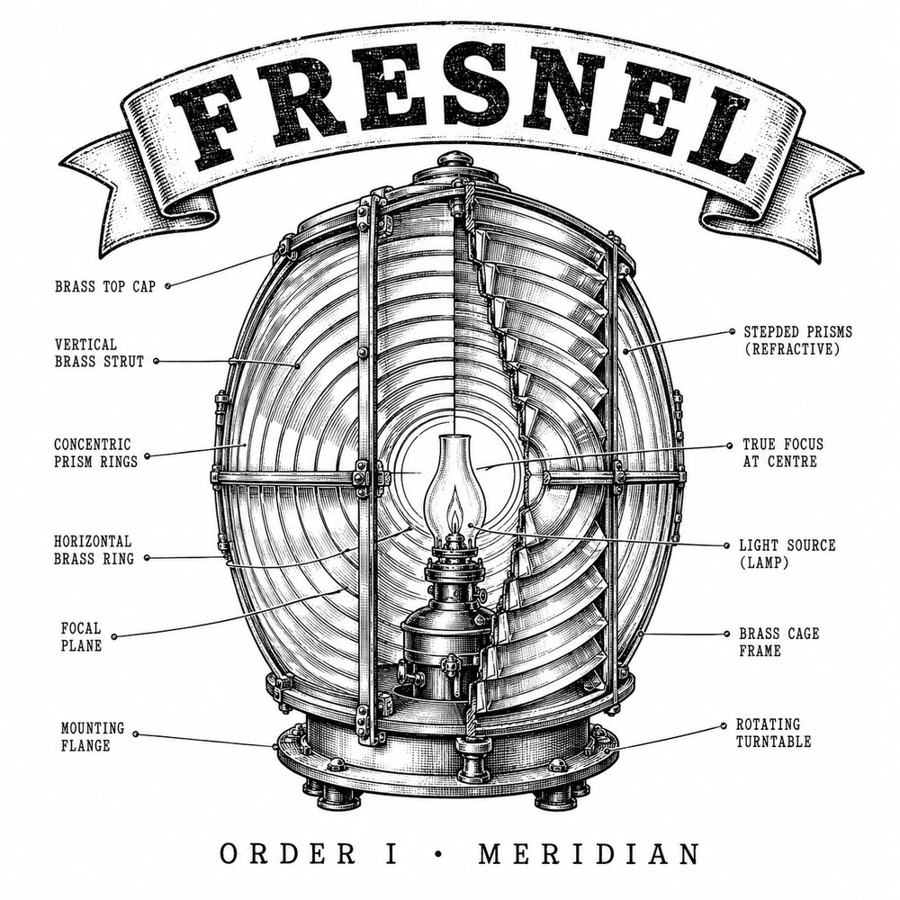 Cutaway drawing of a first-order Fresnel lighthouse lens showing the concentric glass steps and the central lamp