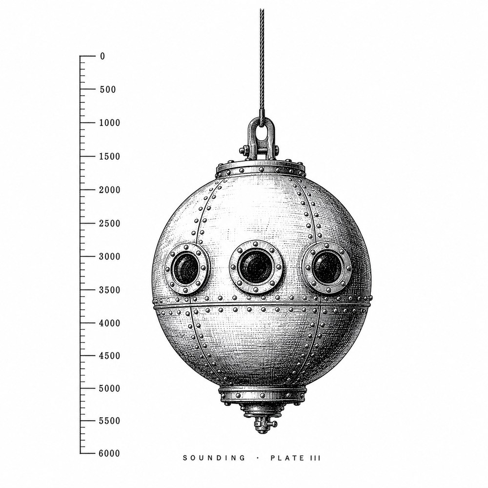 Drawing of a riveted spherical deep-sea observation chamber suspended on a single cable, with a depth scale