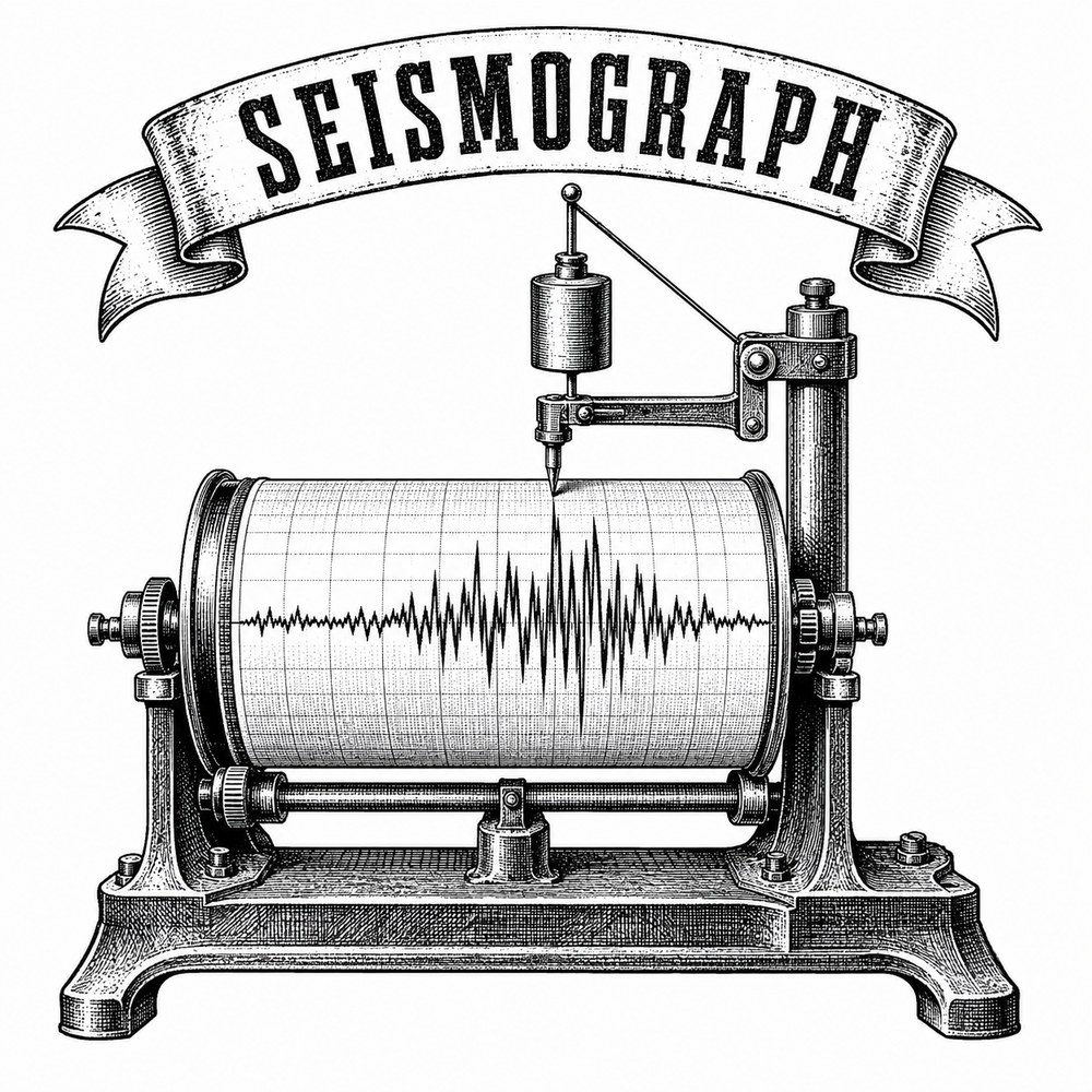 Drawing of a drum seismograph: rotating paper drum, weighted pendulum and stylus