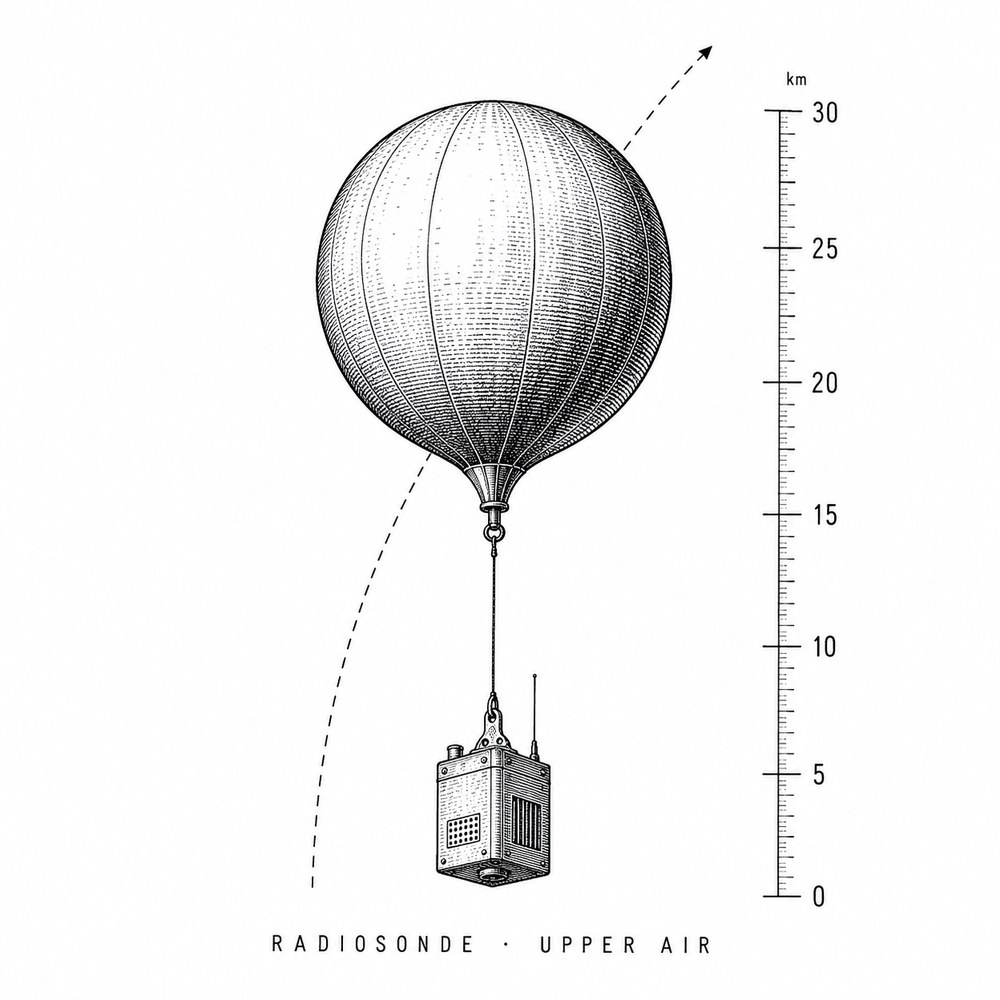 Drawing of a weather balloon with an instrument package below it, against a vertical altitude scale