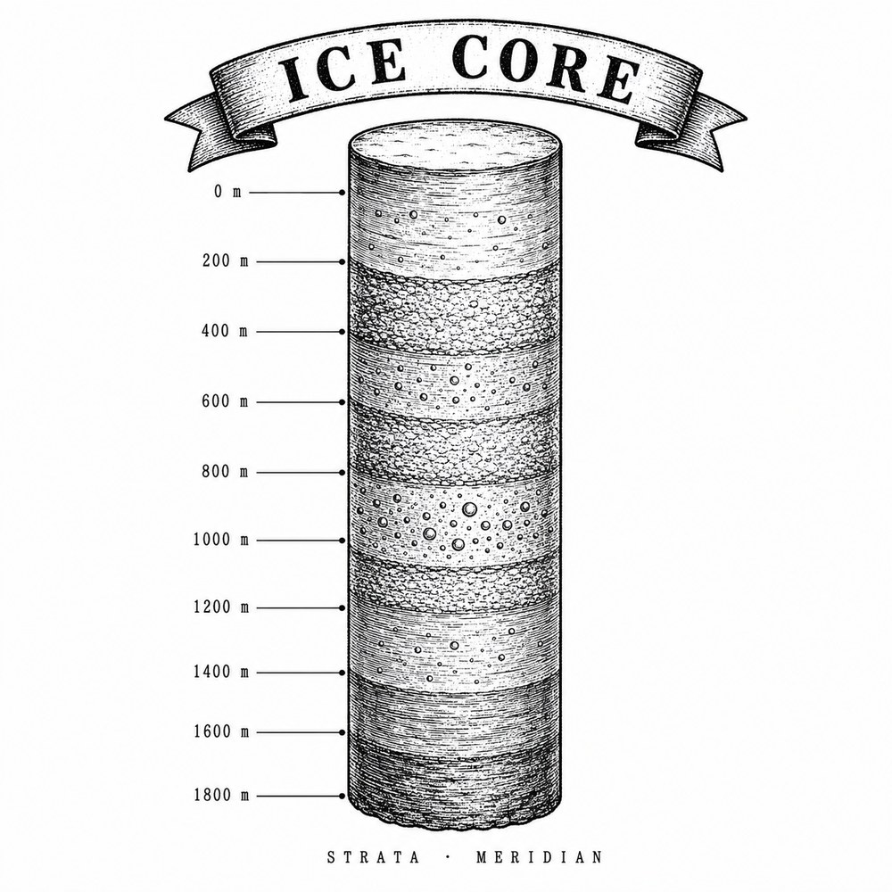 Drawing of a cylindrical ice core showing banded annual layers and trapped air bubbles