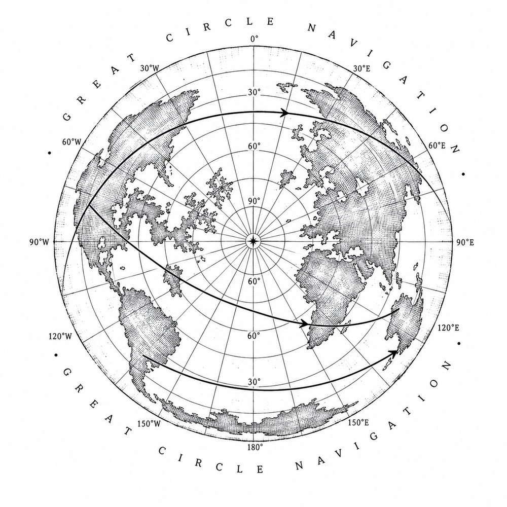 Polar projection drawing with three great-circle paths drawn across it