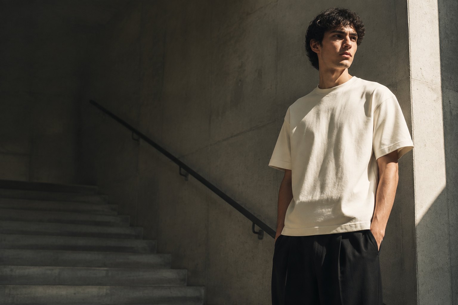 A man in a bone heavyweight tee in a concrete stairwell