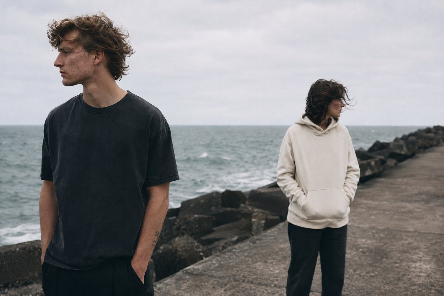 Two people on a coastal breakwater under an overcast sky