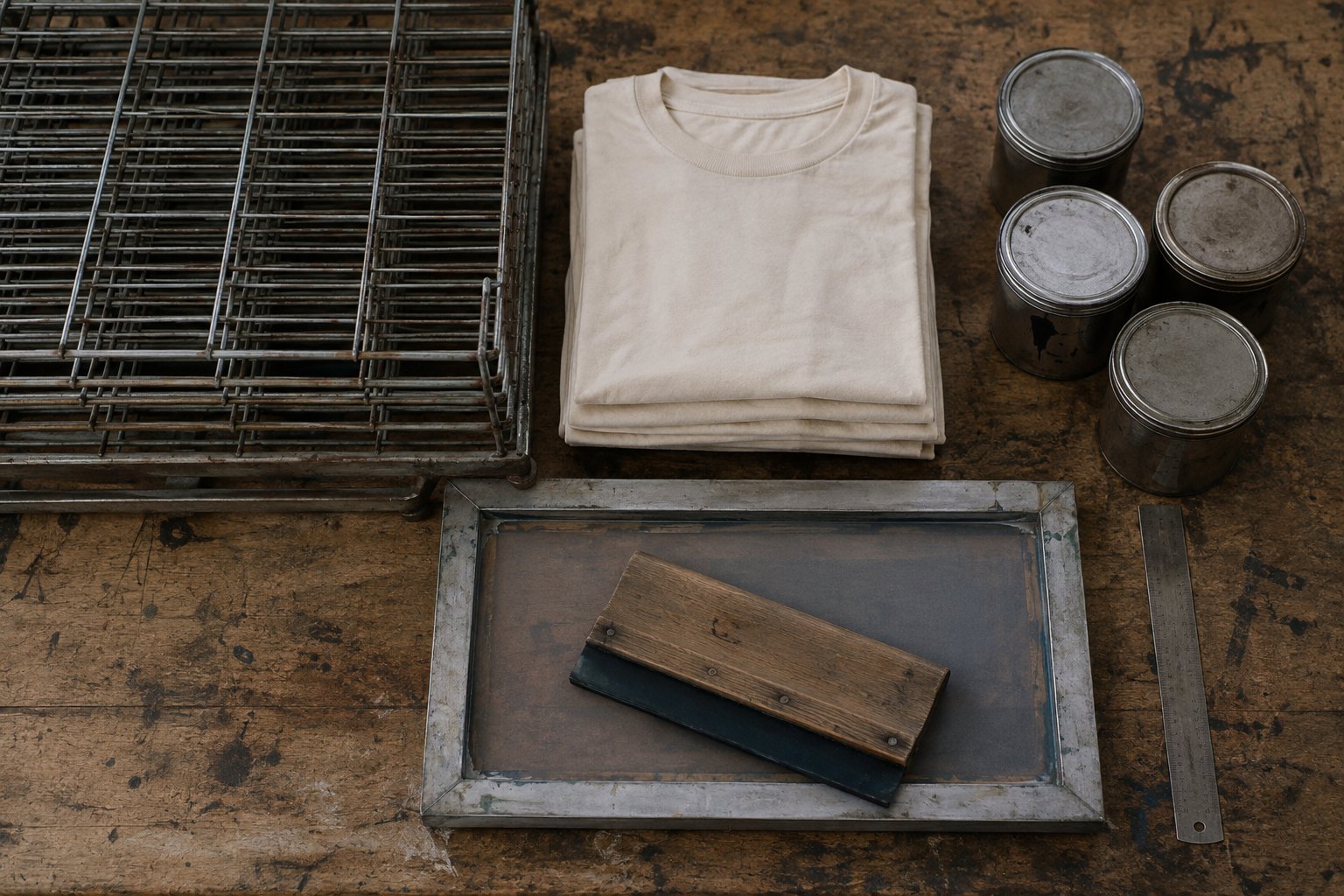 A print studio bench with a screen frame, squeegee and folded blank tees