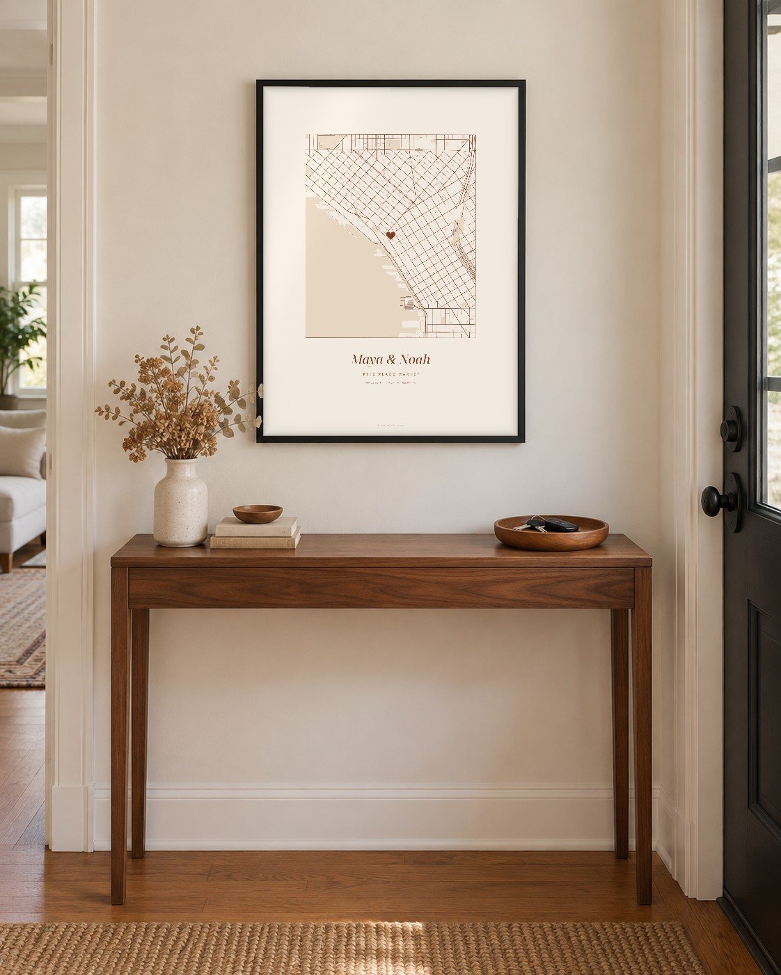 Heart shaped street map of Pike Place Market in Seattle with two names, framed on a wall at Christmas