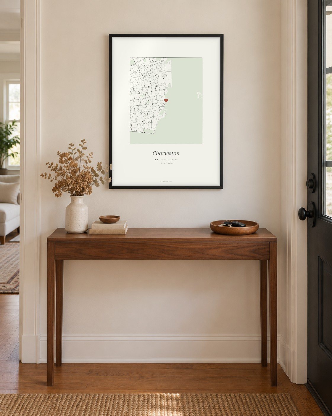 Charleston street map poster on a wall, centered on Waterfront Park