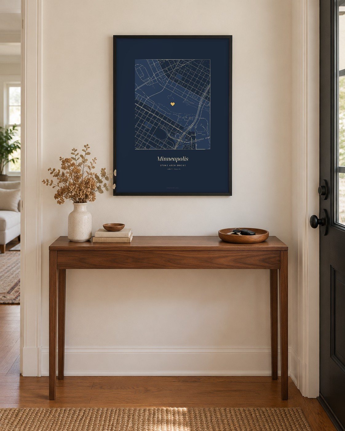 Minneapolis street map poster on a wall, centered on Stone Arch Bridge