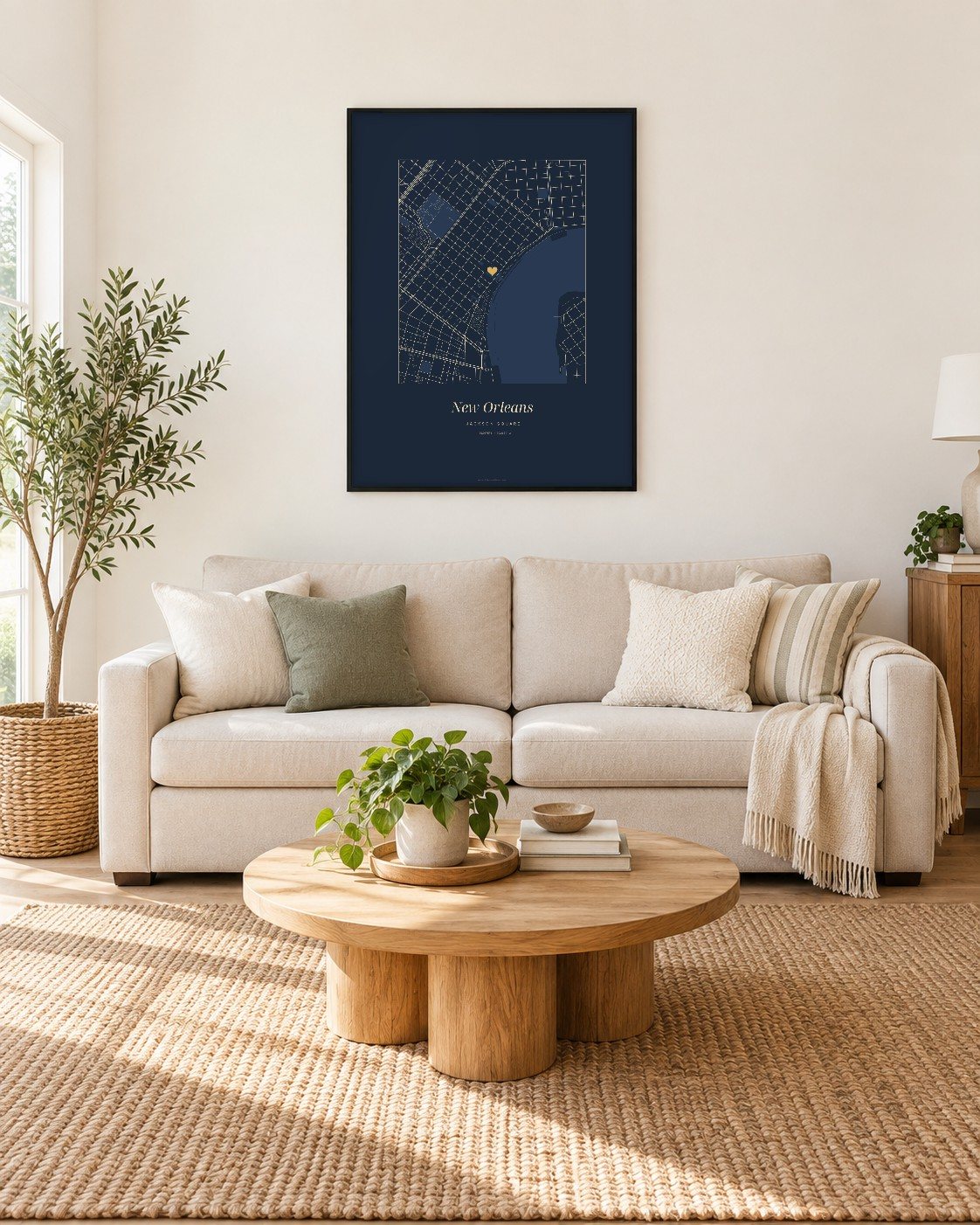 New Orleans street map poster on a wall, centered on Jackson Square