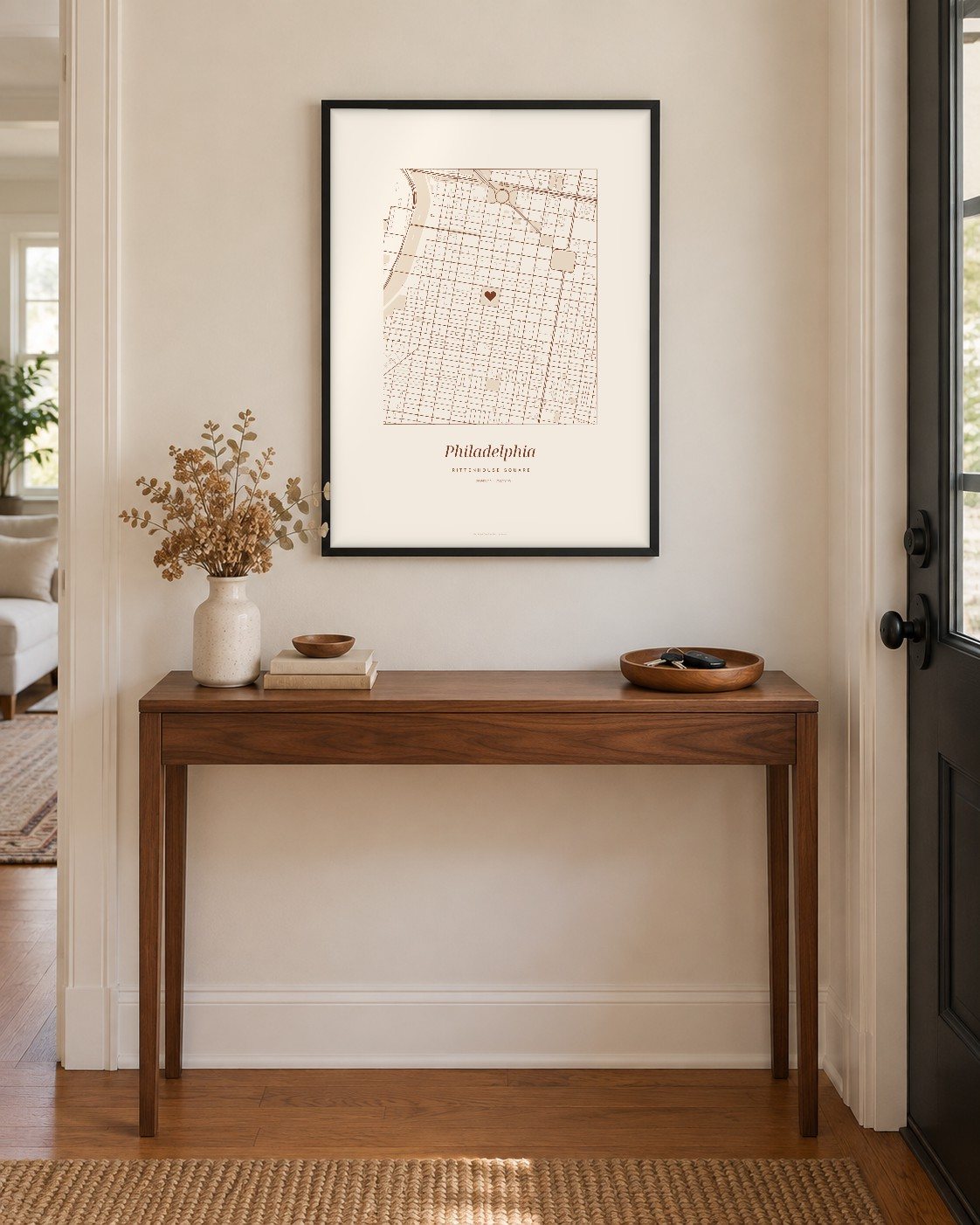 Philadelphia street map poster on a wall, centered on Rittenhouse Square