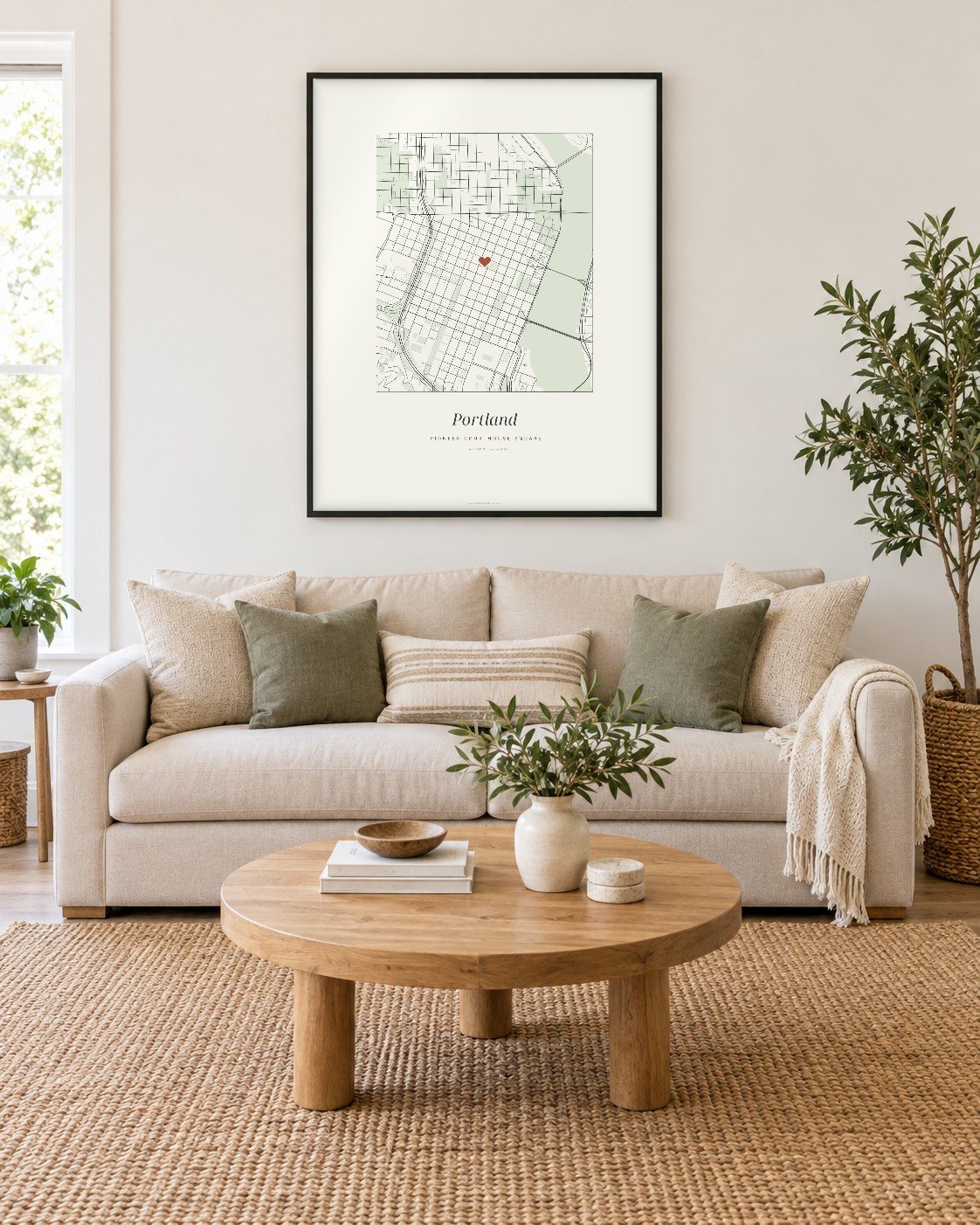 Portland street map poster on a wall, centered on Pioneer Courthouse Square