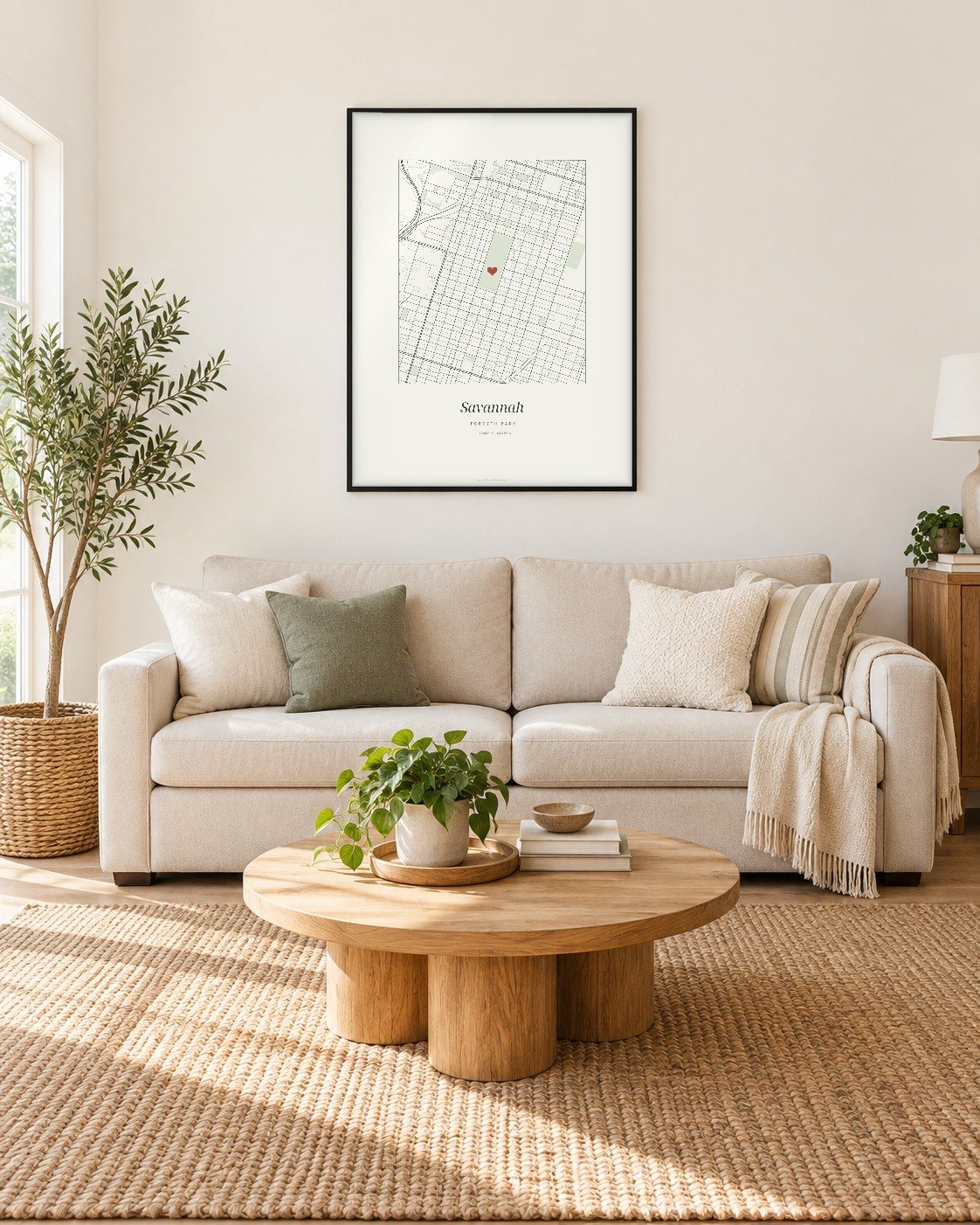 Savannah street map poster on a wall, centered on Forsyth Park