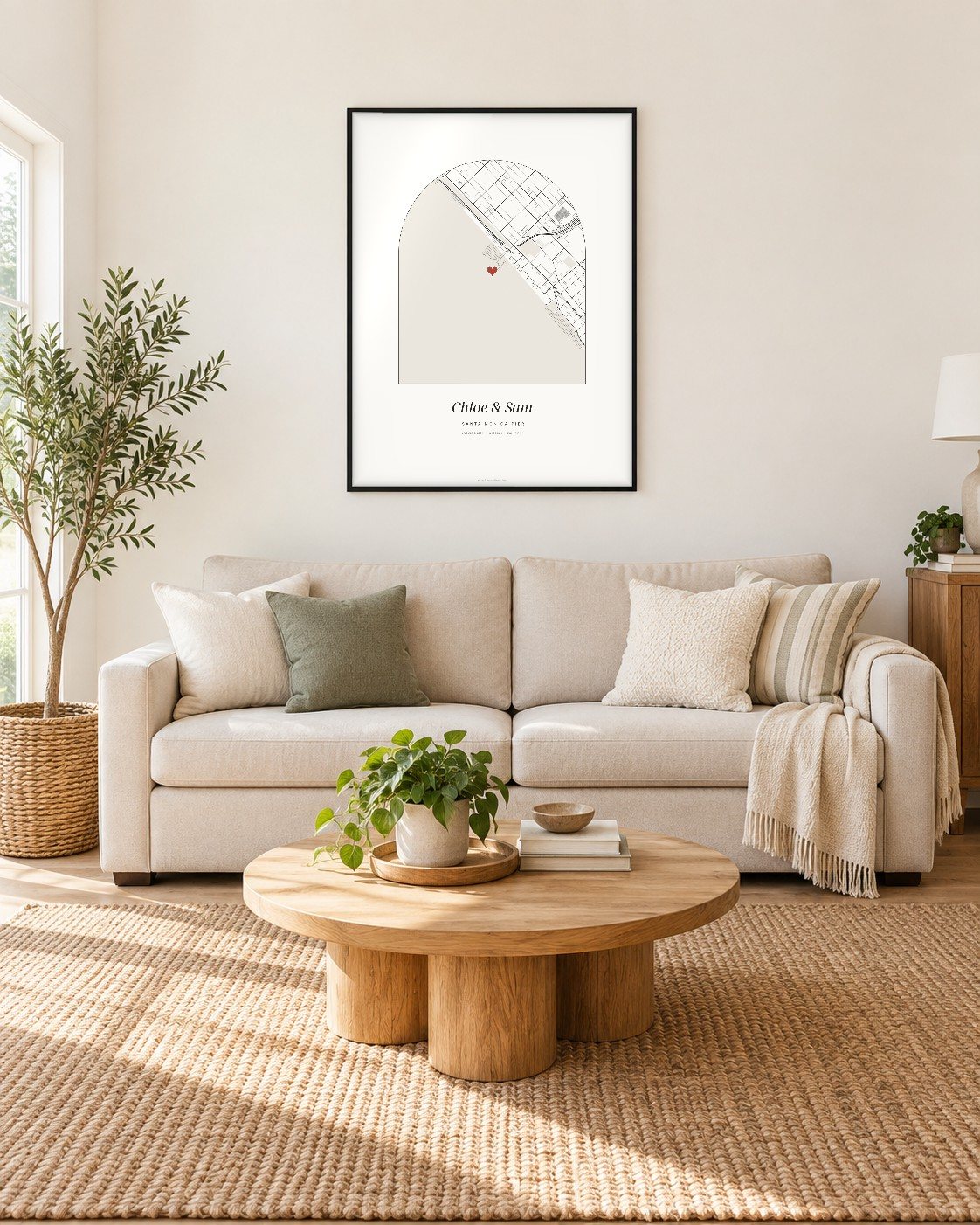 Street map of Santa Monica Pier in a heart with two names and an engagement date