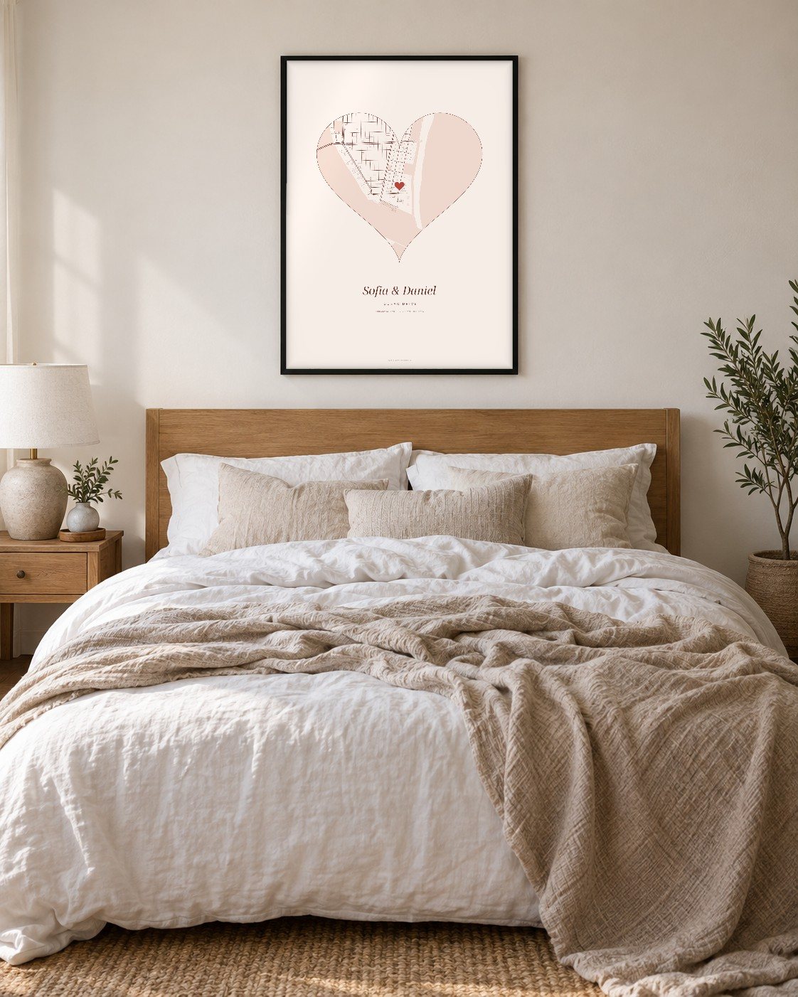 Heart shaped street map of South Beach Miami with two names, framed in white wood