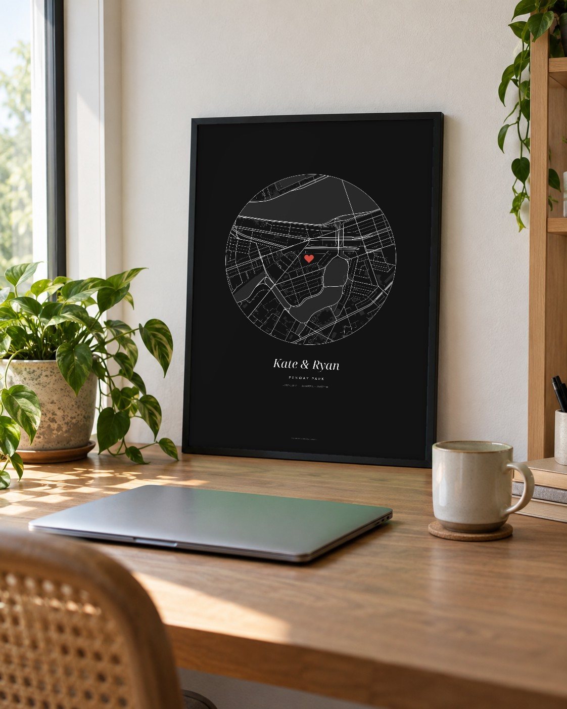 Framed street map poster around Fenway Park in Boston with two names and a date