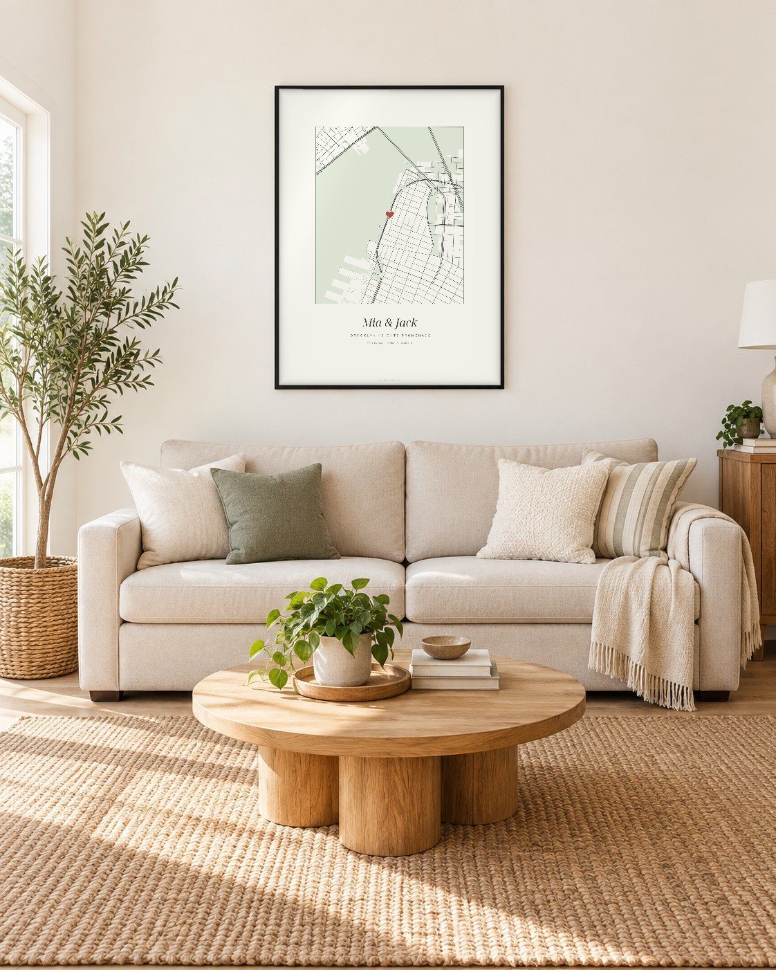 Street map of a Brooklyn neighborhood in a heart with a couple's names and move in date