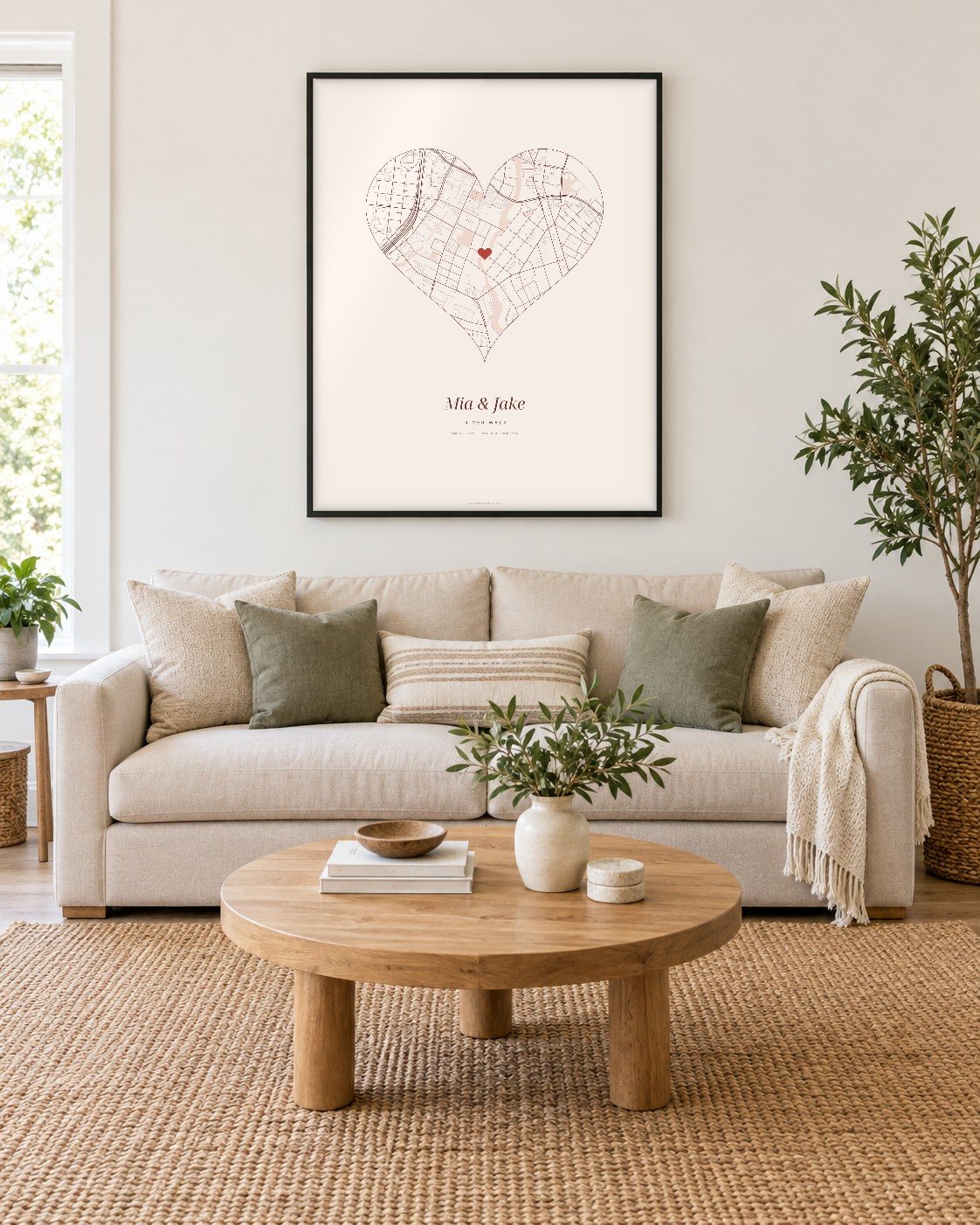 Blush heart shaped street map of the San Antonio River Walk with two names and a date