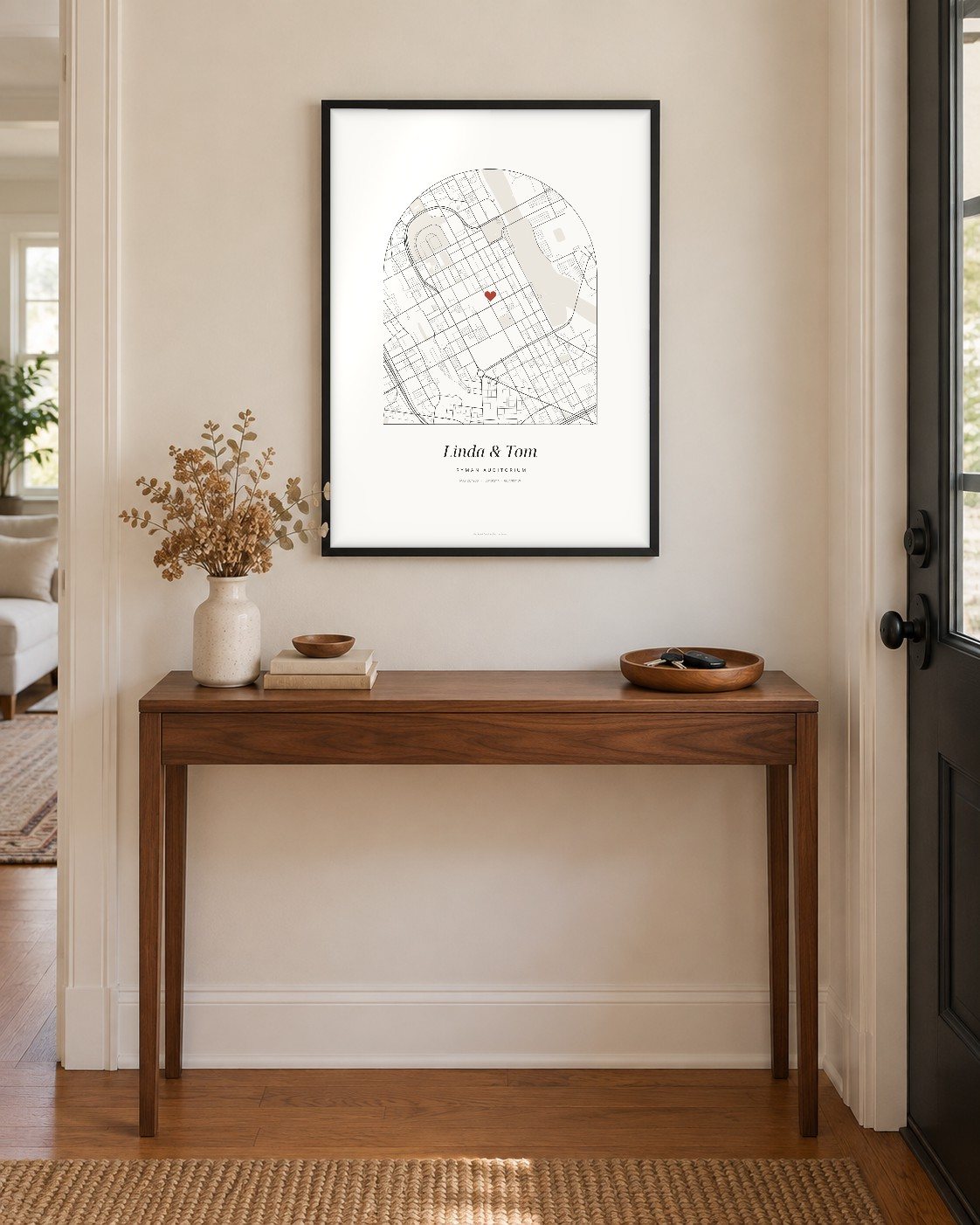 Framed street map of downtown Nashville with a couple's names and the year they met