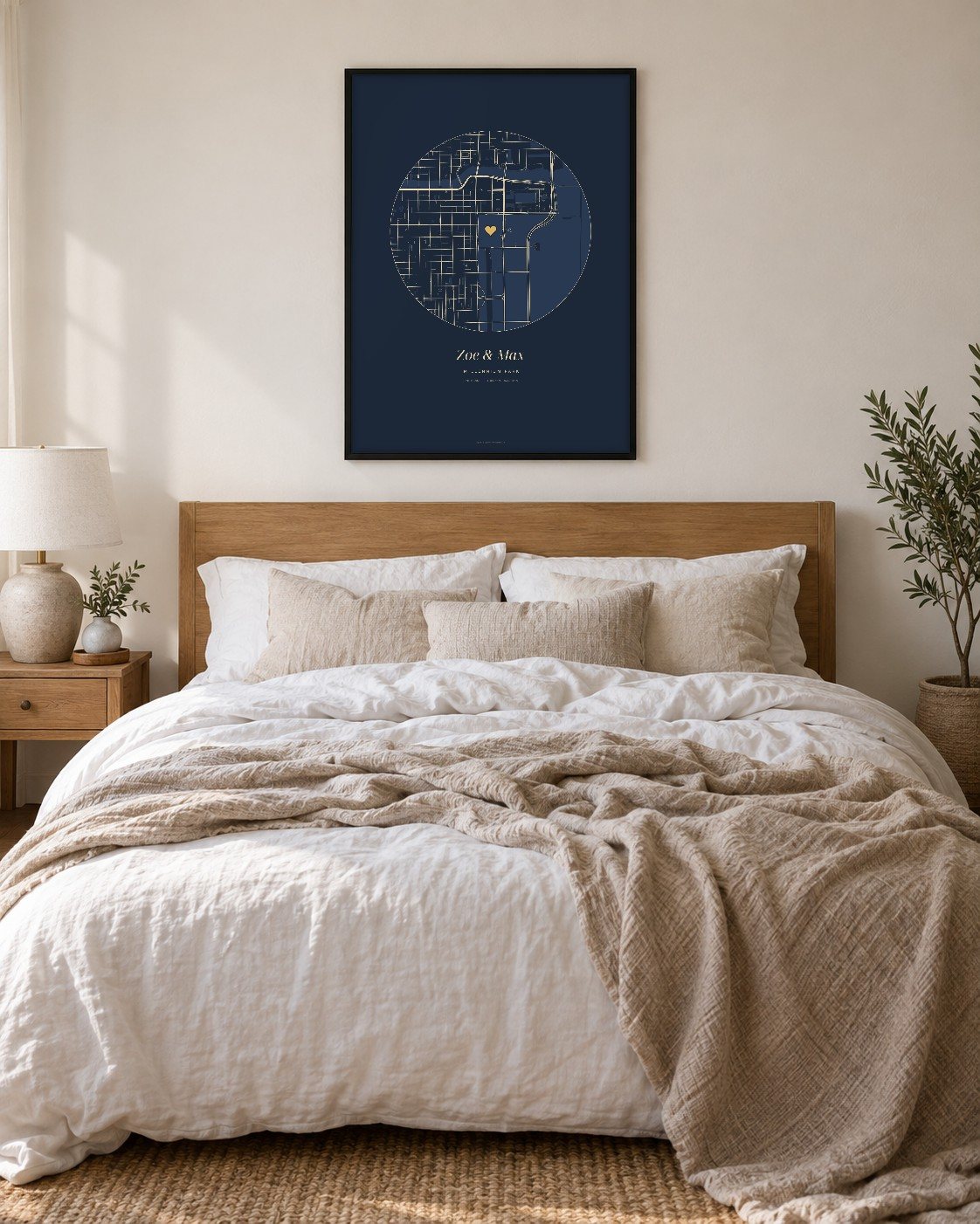 Heart shaped street map of Chicago with two names and an anniversary date, framed in a bedroom