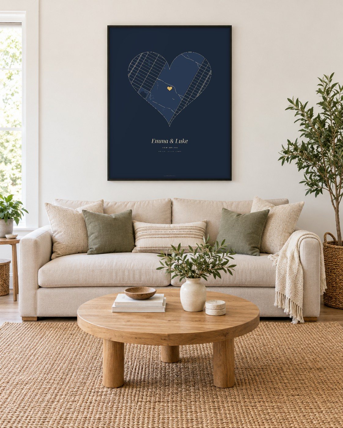 Framed heart shaped street map of Central Park with the names Emma and Luke, hanging in a living room