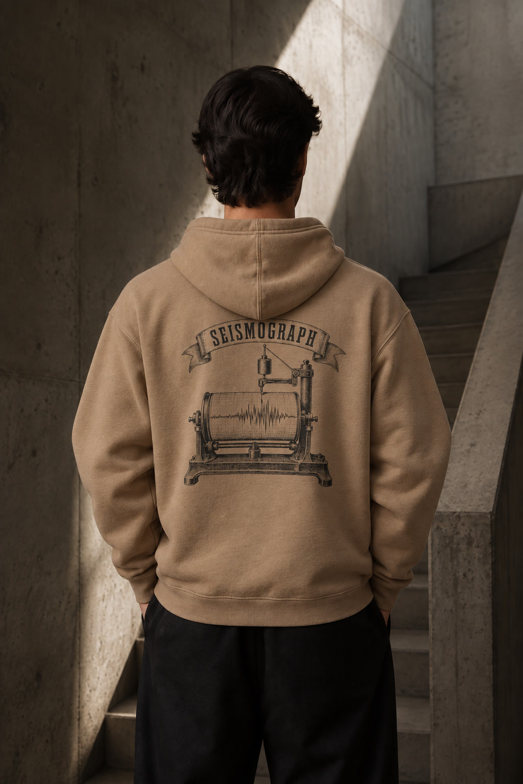 Model photographed from behind at a concrete stairwell in hard diagonal sunlight, wearing the Sand Hooded Sweatshirt with the Seismograph plate across the back