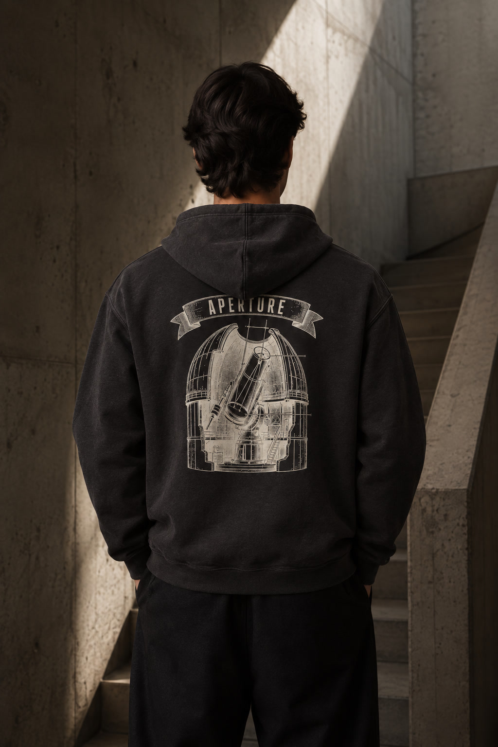 Model photographed from behind at a concrete stairwell in hard diagonal sunlight, wearing the Vintage Black Hooded Sweatshirt with the Aperture plate across the back