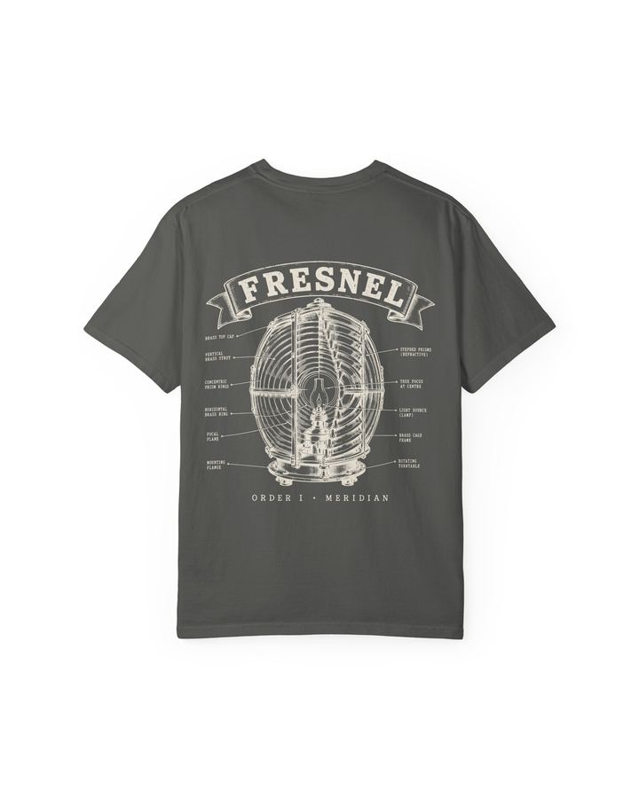 Fresnel Heavyweight Tee in Vintage Black, flat lay, back, showing the full Fresnel plate
