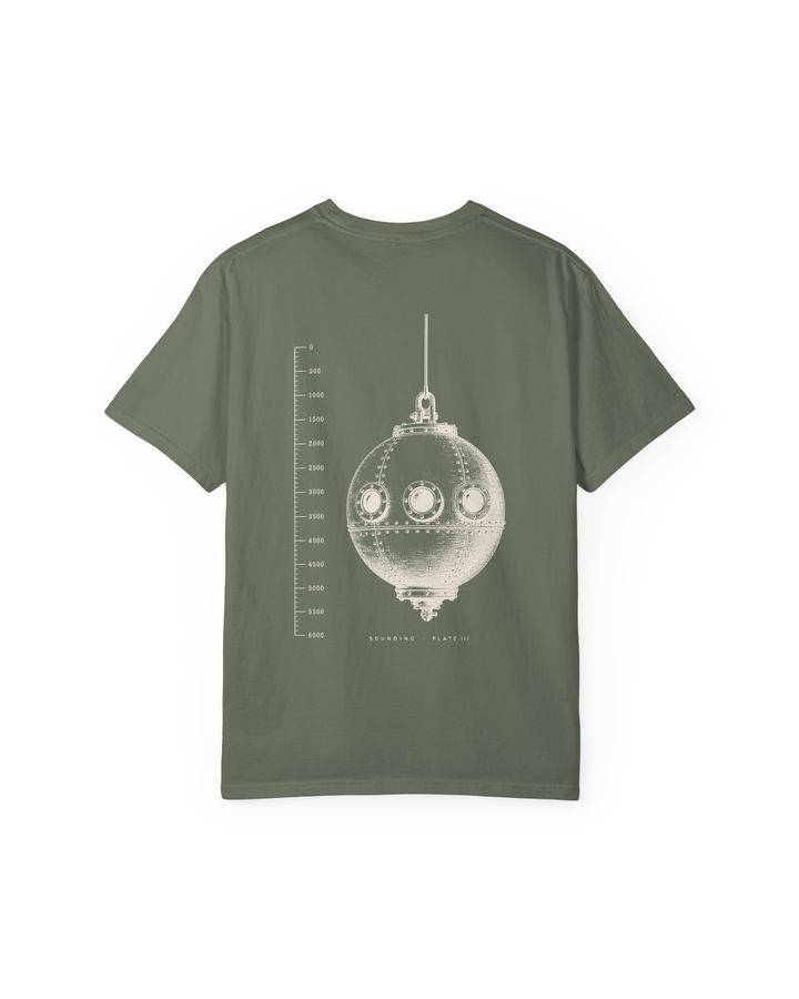 Sounding Heavyweight Tee in Forest, flat lay, back, showing the full Sounding plate