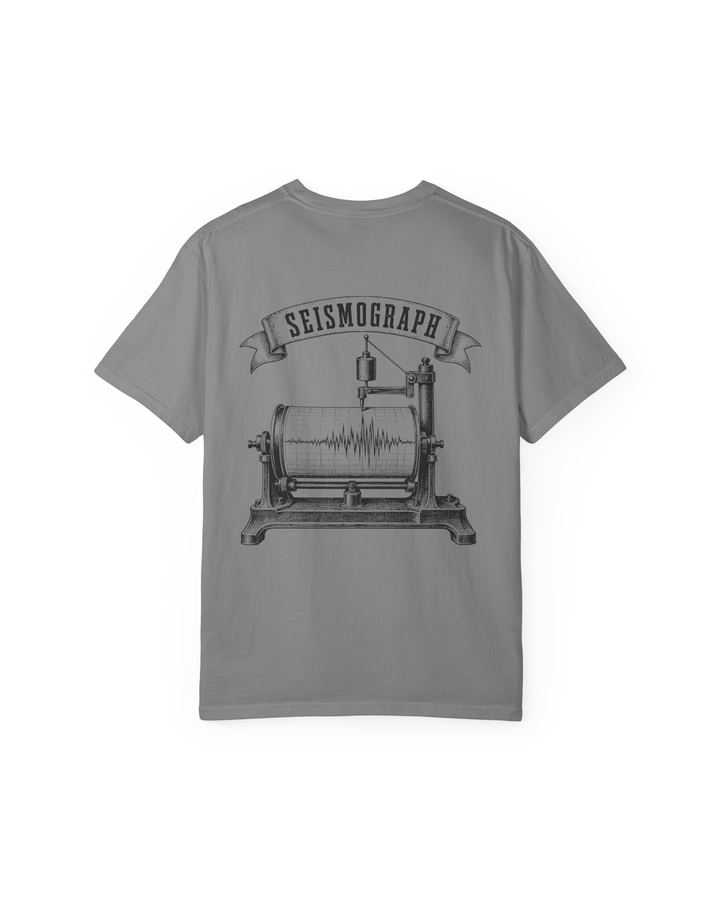 Seismograph Heavyweight Tee in Ash, flat lay, back, showing the full Seismograph plate