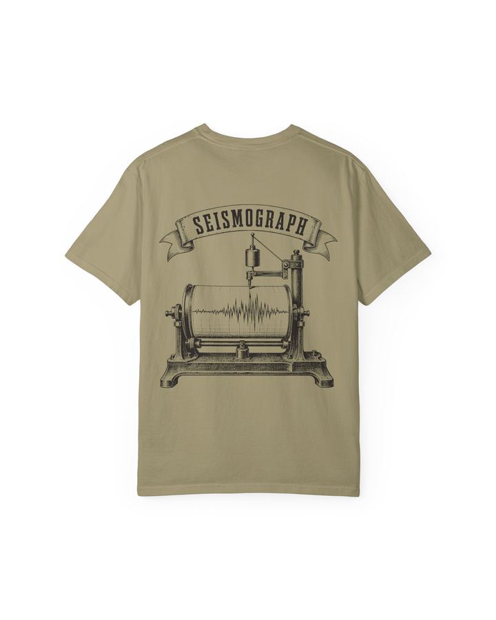 Seismograph Heavyweight Tee in Sand, flat lay, back, showing the full Seismograph plate