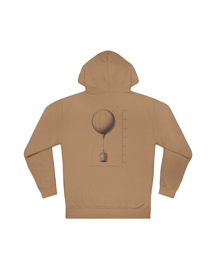 Radiosonde Hooded Sweatshirt in Sand, flat lay, back, showing the full Radiosonde plate