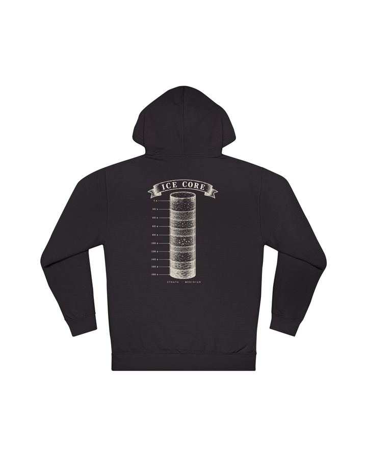 Ice Core Hooded Sweatshirt in Vintage Black, flat lay, back, showing the full Ice Core plate