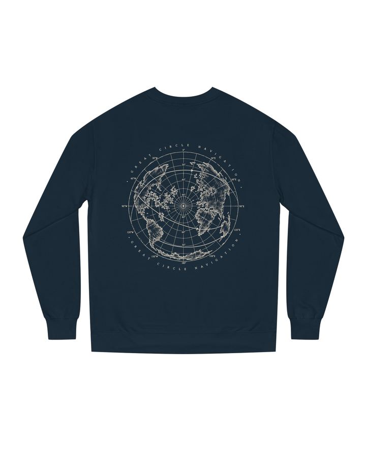 Great Circle Crewneck Sweatshirt in Washed Navy, flat lay, back, showing the full Great Circle plate