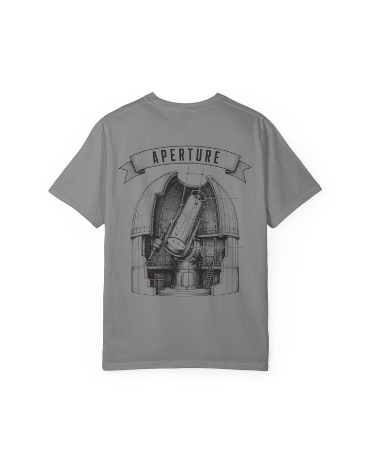 Aperture Heavyweight Tee in Ash, flat lay, back, showing the full Aperture plate