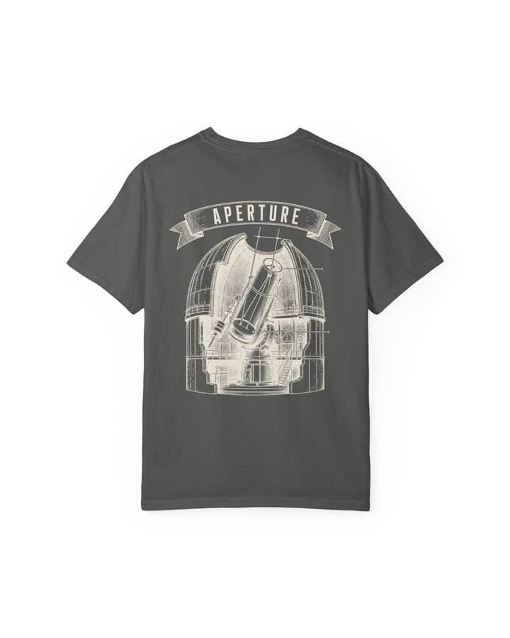 Aperture Heavyweight Tee in Vintage Black, flat lay, back, showing the full Aperture plate