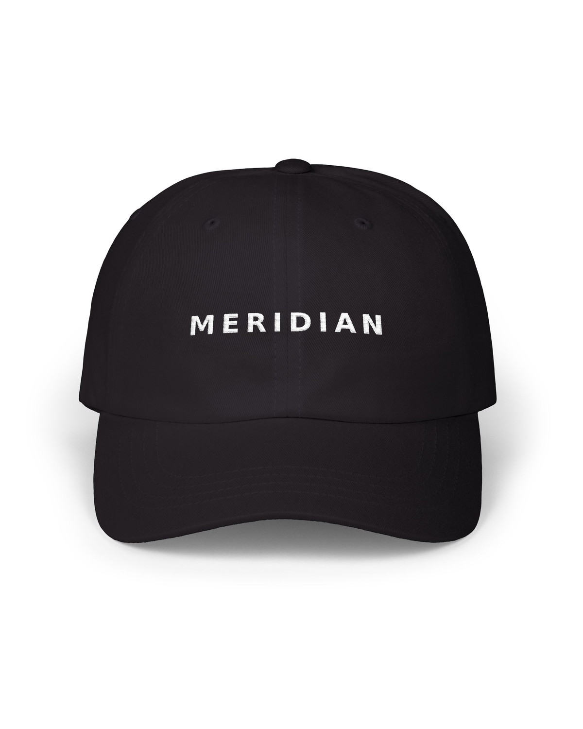 Meridian Cap in Vintage Black, front, with MERIDIAN embroidered above the visor