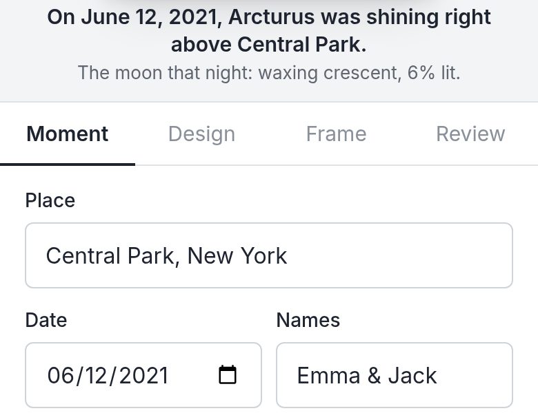 The star map editor with Central Park, New York and June 12, 2021 typed in, and the star it found that night