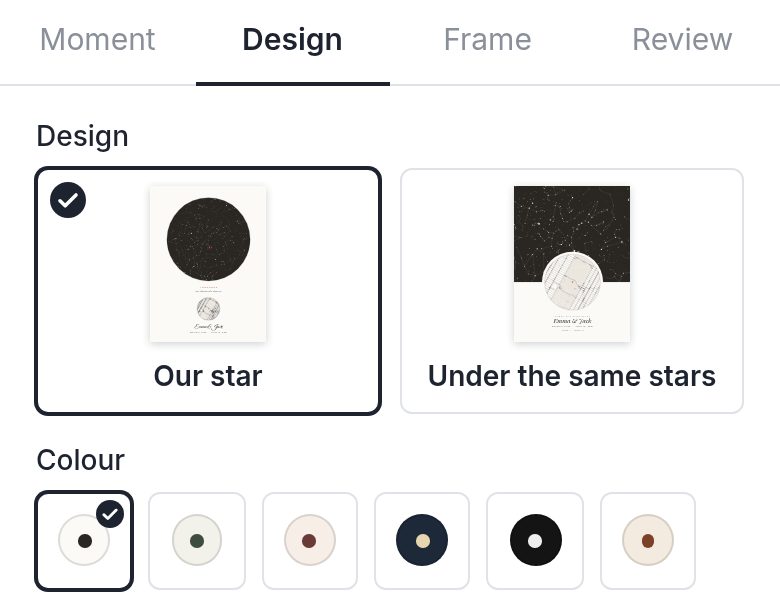 The design step of the star map editor: Our star or Under the same stars, and six paper colours