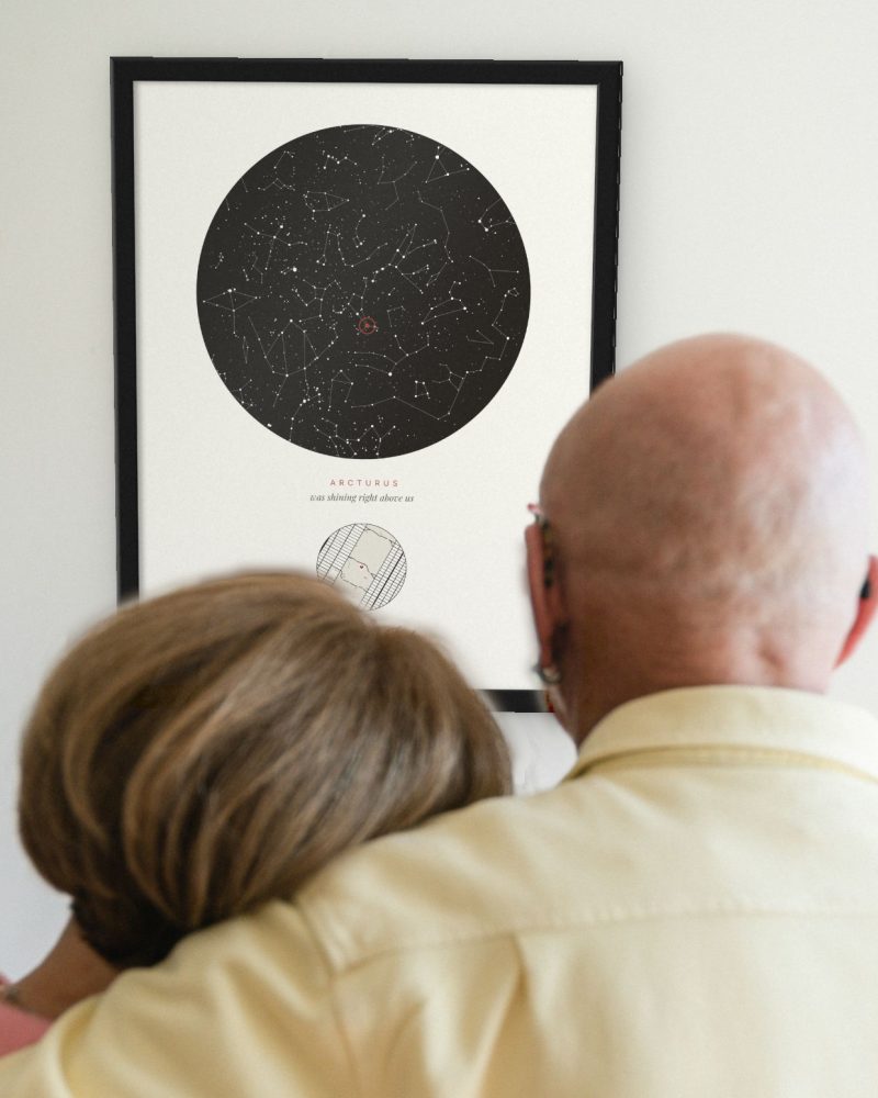 A couple holds each other and looks at a framed star map poster on their wall