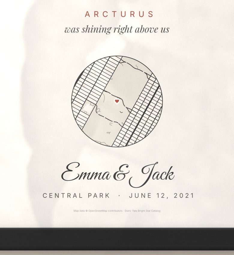 Close-up of a star map poster: the star Arcturus, a small street map of Central Park, the names Emma & Jack and the date, with the bottom of a black frame