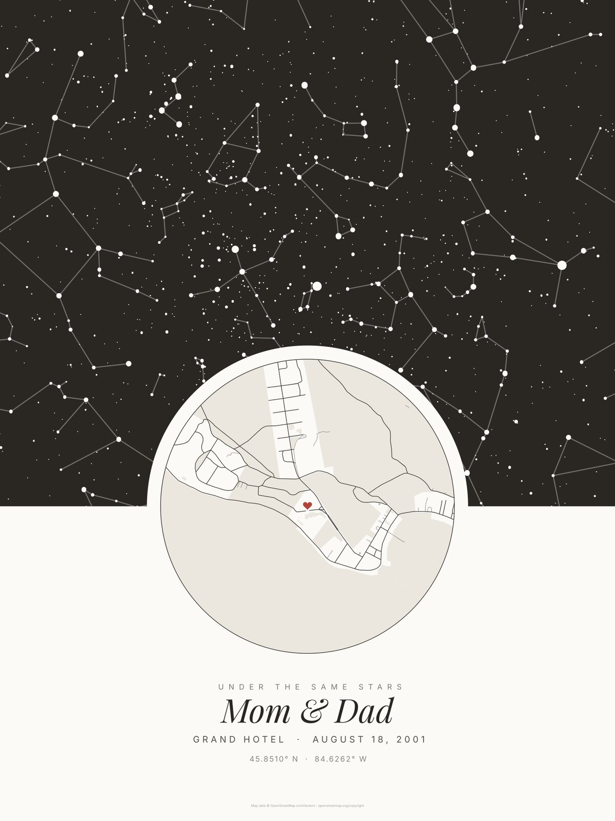 Star map print for a parents' 25th anniversary, an example: Under the stars in Cream, the sky over a round street map of Mackinac Island, names Mom & Dad, Grand Hotel, August 18, 2001