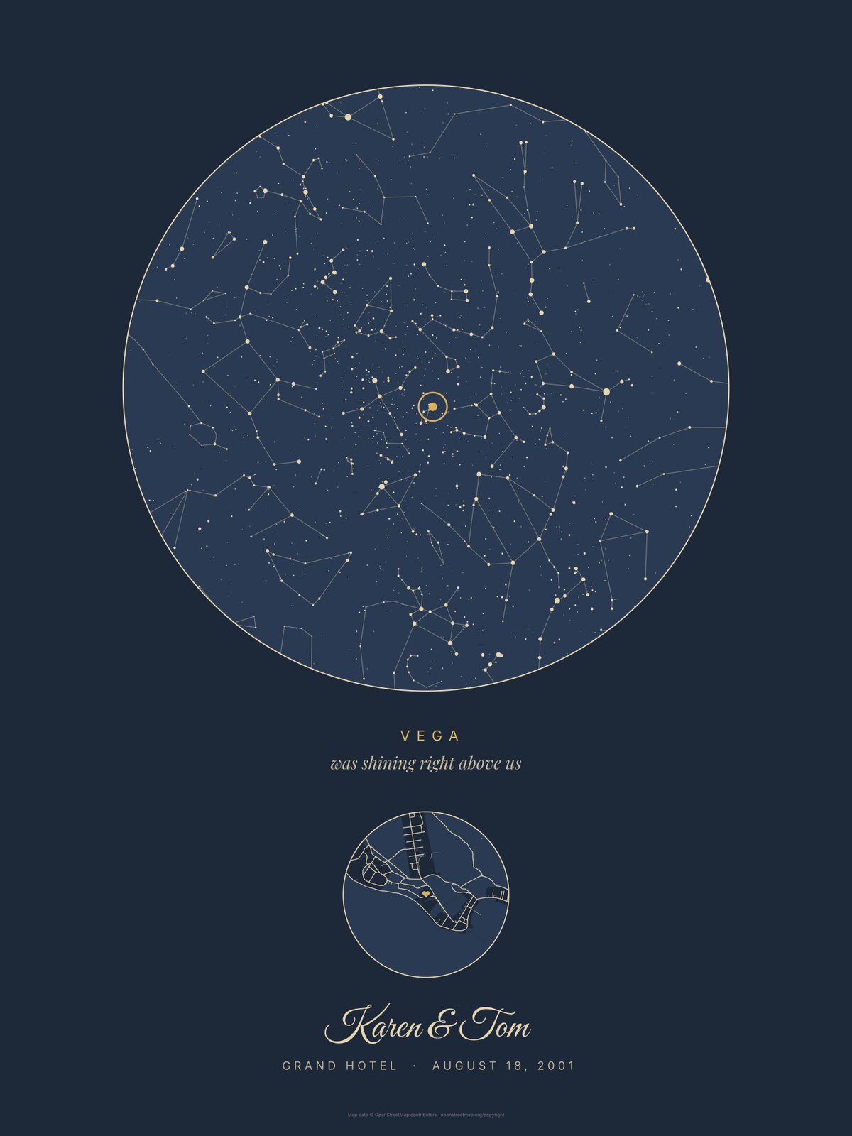 Star map print without a frame, an example made by the same code: the print file for Karen and Tom, Mackinac Island, August 18, 2001, with Vega in a gold ring above a small round street map of the island