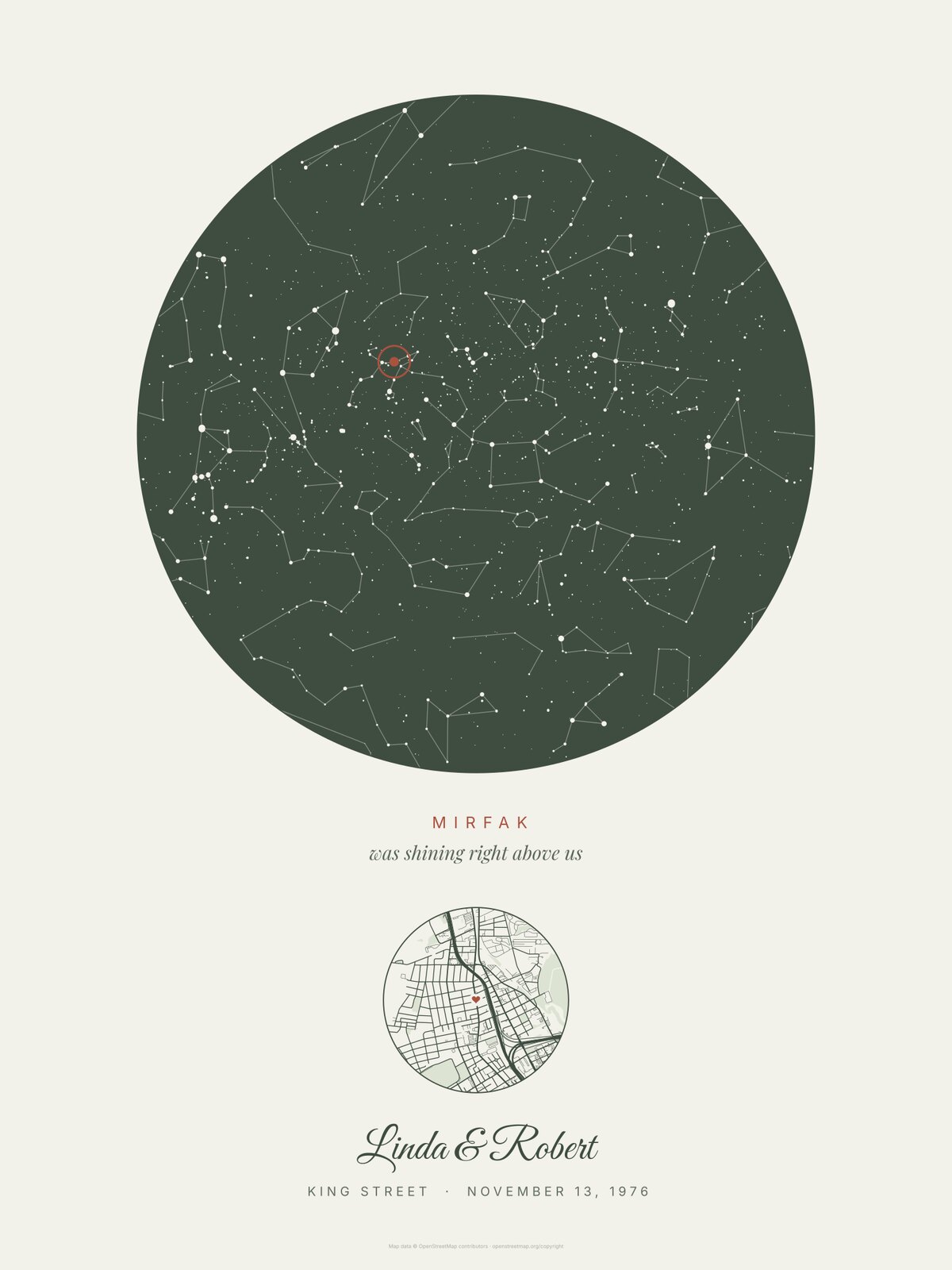 Unframed 50th anniversary star map in Sage, Our star design, for Linda & Robert, King Street, Charleston, November 13, 1976, with Mirfak circled