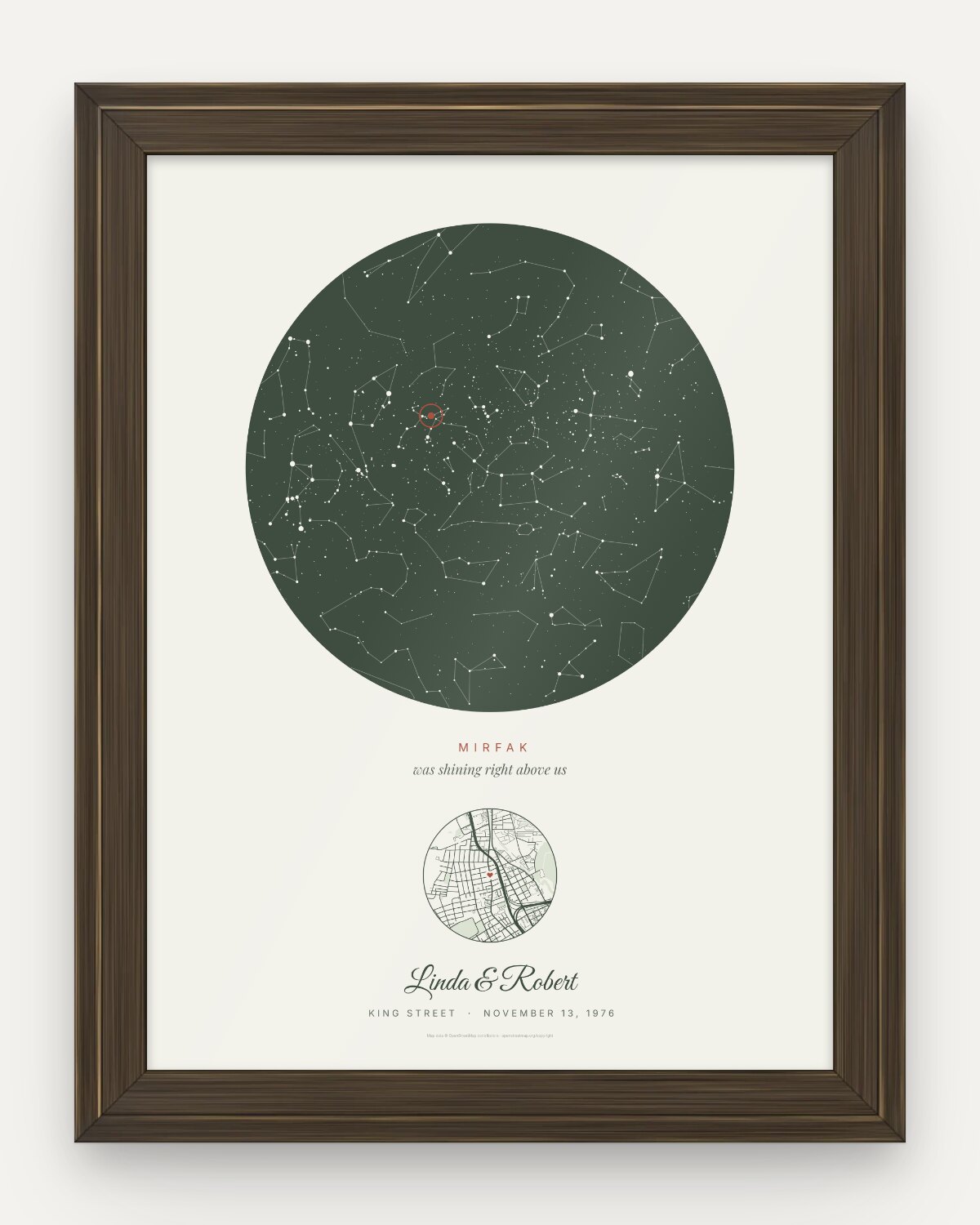 50th anniversary star map in Sage, Our star design, in an espresso and gold frame, 24 x 32 in, for Linda & Robert, King Street, Charleston, Saturday, November 13, 1976, with Mirfak circled and named