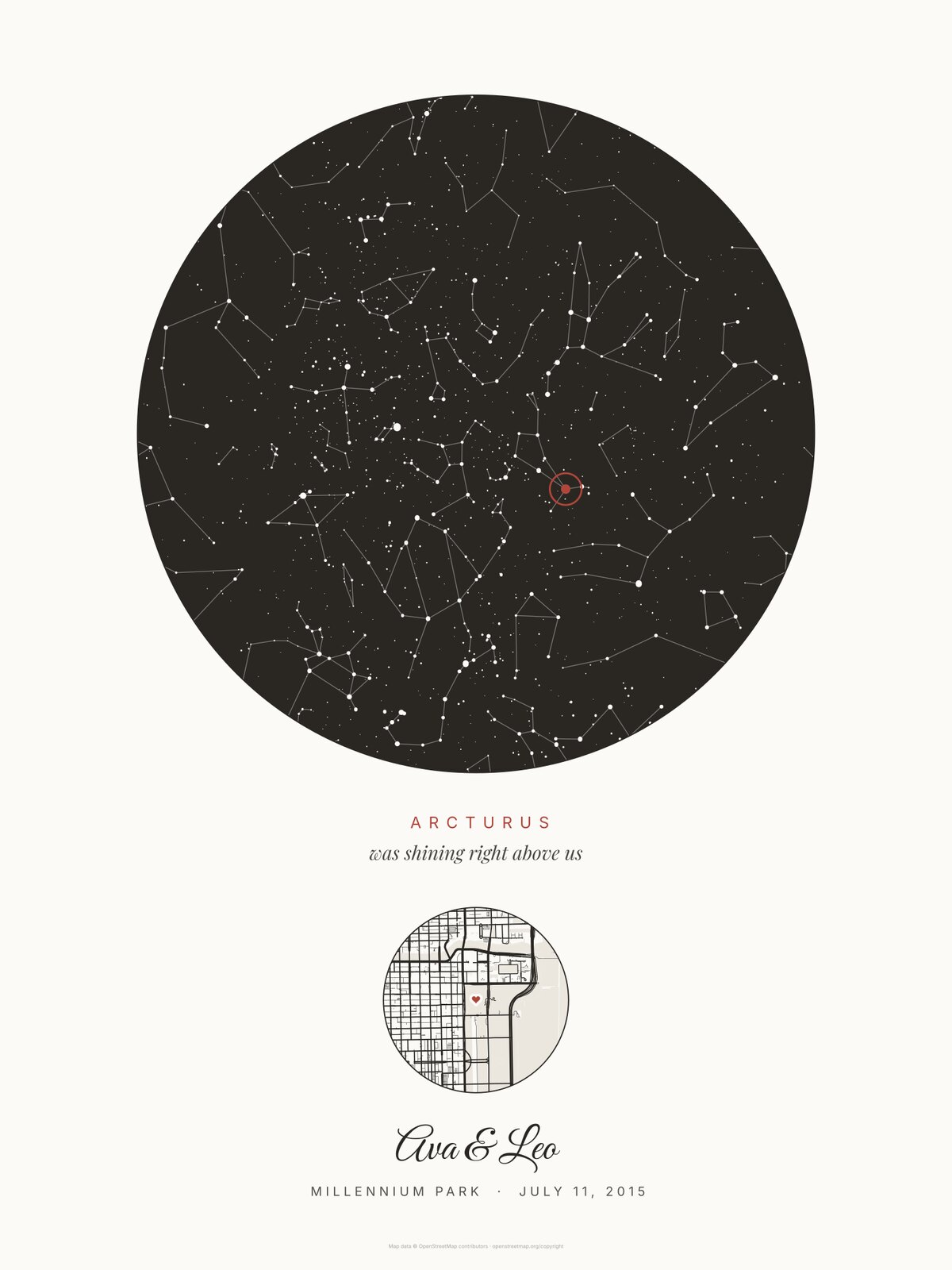 Flat unframed anniversary star map in Cream, Arcturus circled in red, round street map of Millennium Park, names Ava & Leo, July 11, 2015