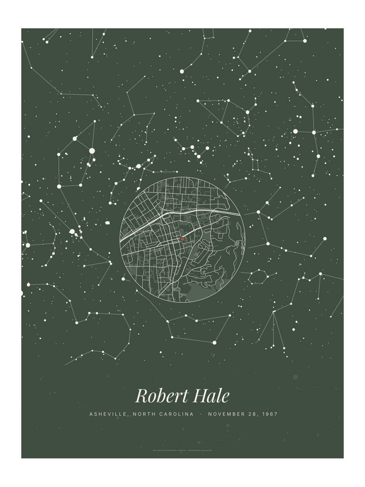 Flat print of Robert Hale's poster, an example from the same code that prints it: Sage, the Pack Square street map in the middle, Asheville, North Carolina, dated November 28, 1967