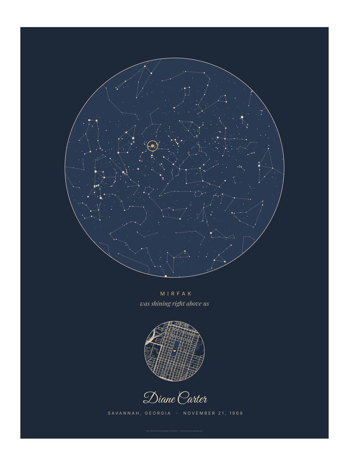 Flat birthday star map print drawn by our print code, an example for Diane Carter: Navy, Mirfak in a gold ring above a street map of Forsyth Park, Savannah, Georgia, November 21, 1969