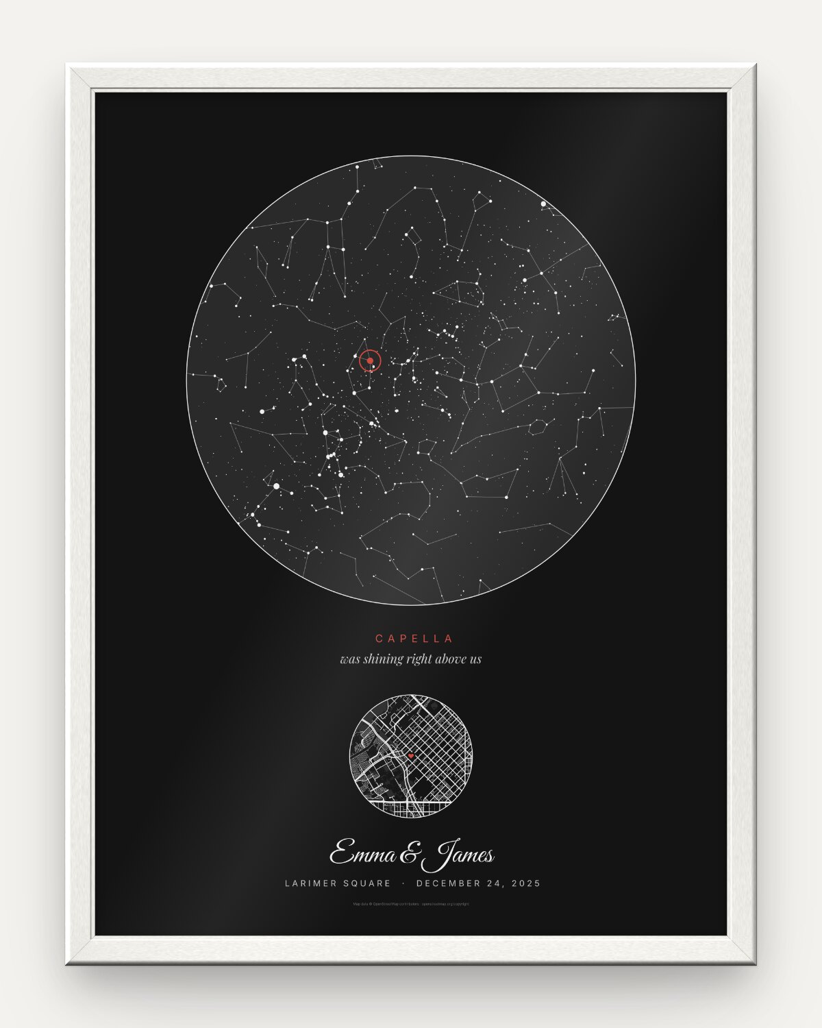 Christmas star map poster in a white frame: black night sky over Larimer Square, Denver, on December 24, 2025, with Capella circled, a small street map and the names Emma and James