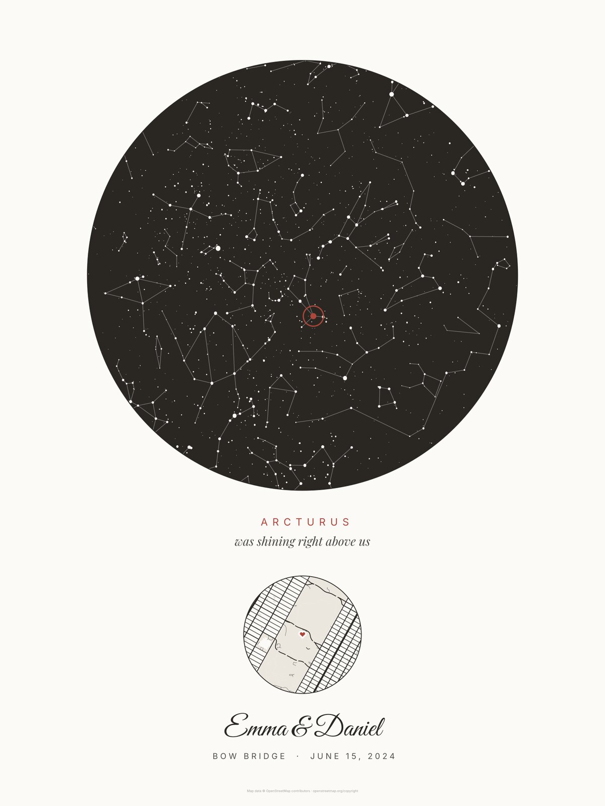 Our star design in Cream, an example print: the sky over Bow Bridge, Central Park, on June 15, 2024, Arcturus circled and named, a round street map of the park with a heart, and the names Emma & Daniel